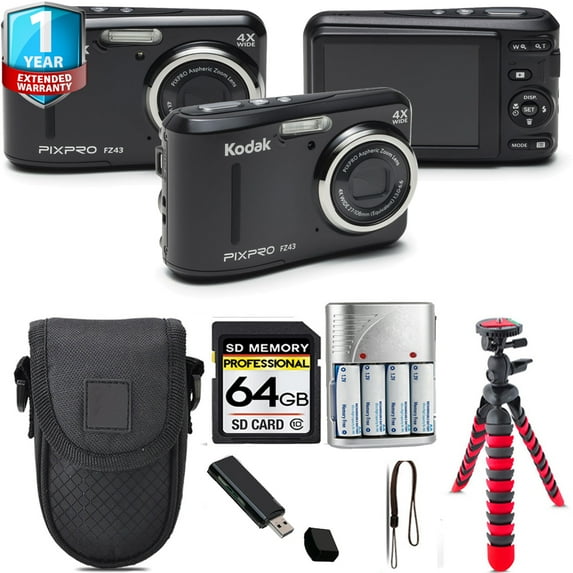 Kodak PIXPRO FZ43 Digital Camera (Black) + Spider Tripod + 1 Yr Warranty - 64GB