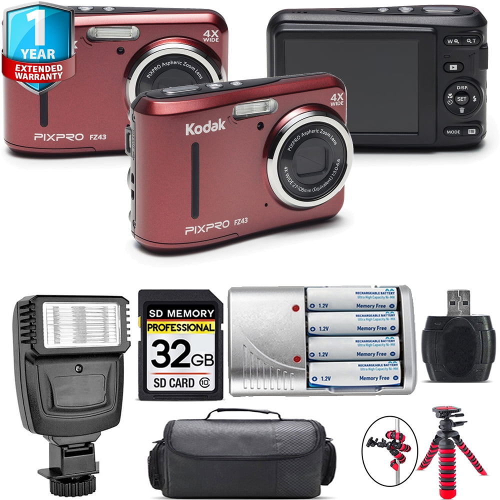 Kodak PIXPRO FZ43 Digital Camera (Red) + Extra Battery + 1 Yr