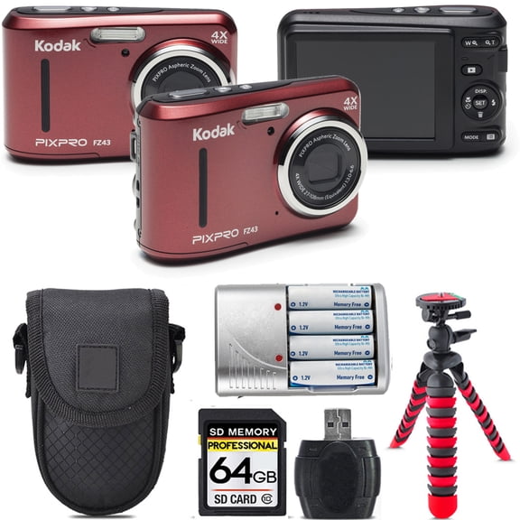 Kodak PIXPRO FZ43 Digital Camera (Red) + Extra Battery +Tripod + Case -64GB Kit