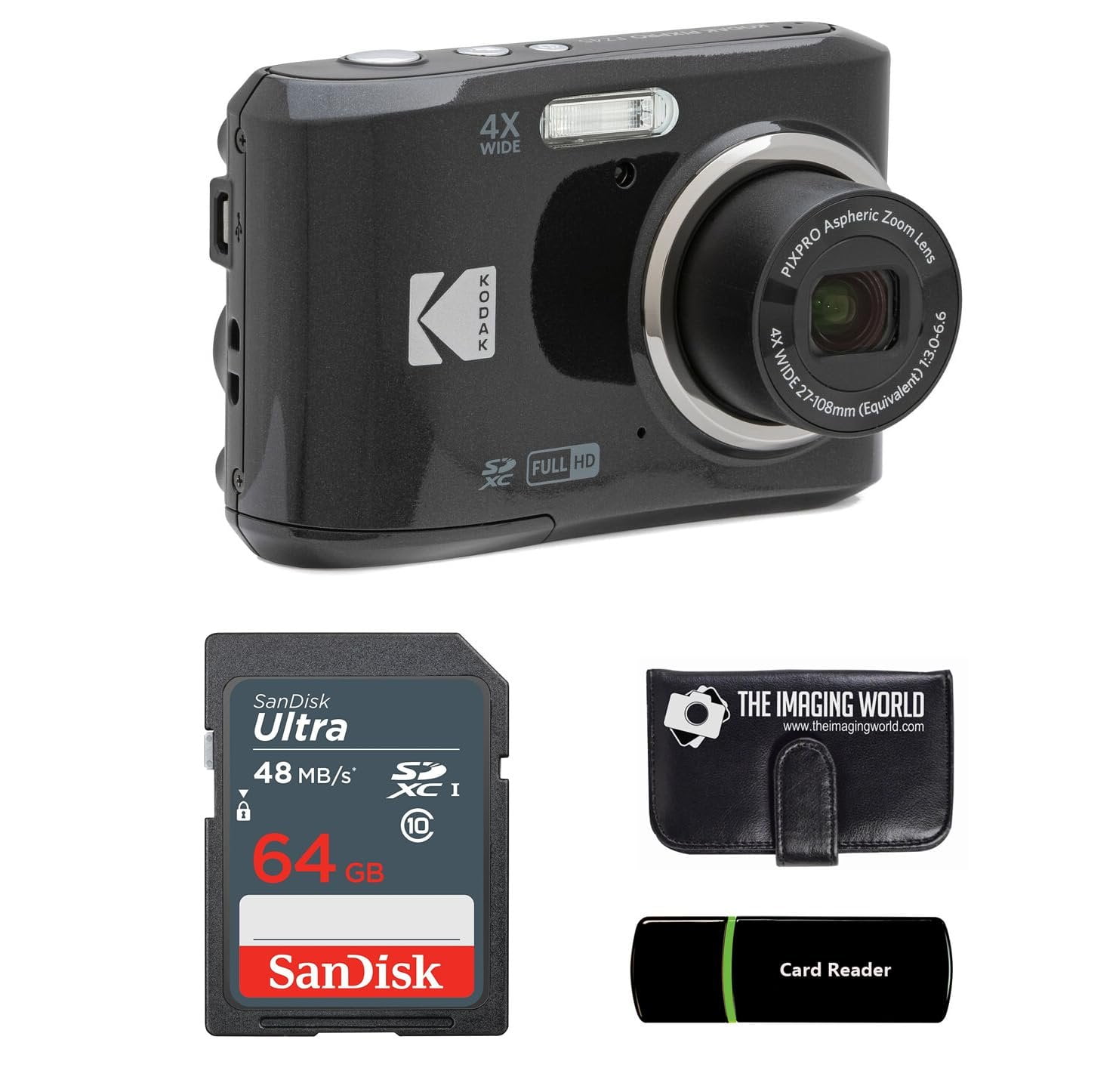 Kodak PIXPRO FZ45 16MP Digital Camera 4X Optical Zoom 27mm Wide Angle 1080P Full HD Video 2.7" LCD Camera Black + 64GB Card and Reader + Memory Wallet