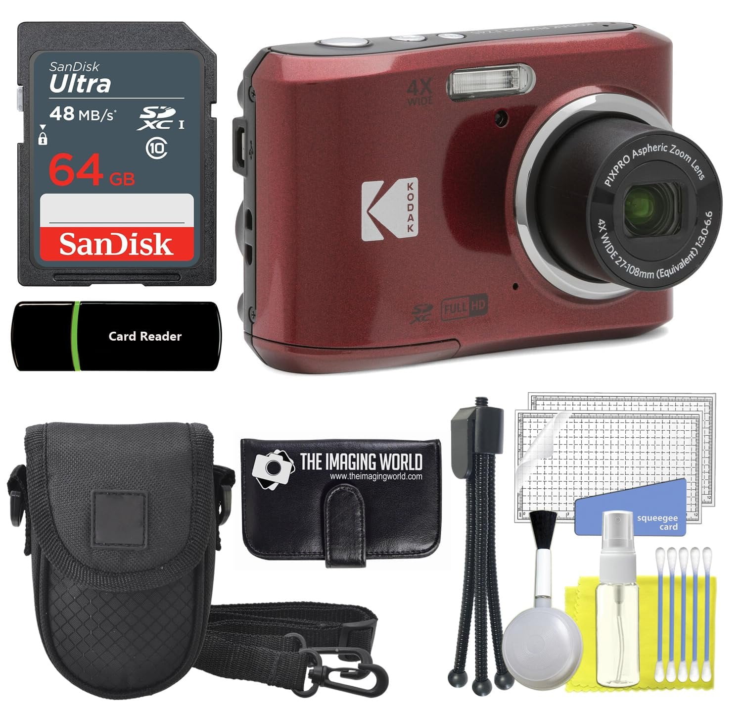 Kodak PIXPRO FZ45 16MP Digital Camera 4X Optical Zoom 27mm Wide Angle 1080P Full HD Video 2.7" LCD Camera Red + 64GB Card and Reader + Case + Memory Wallet + Tripod + Cleaning Bundle