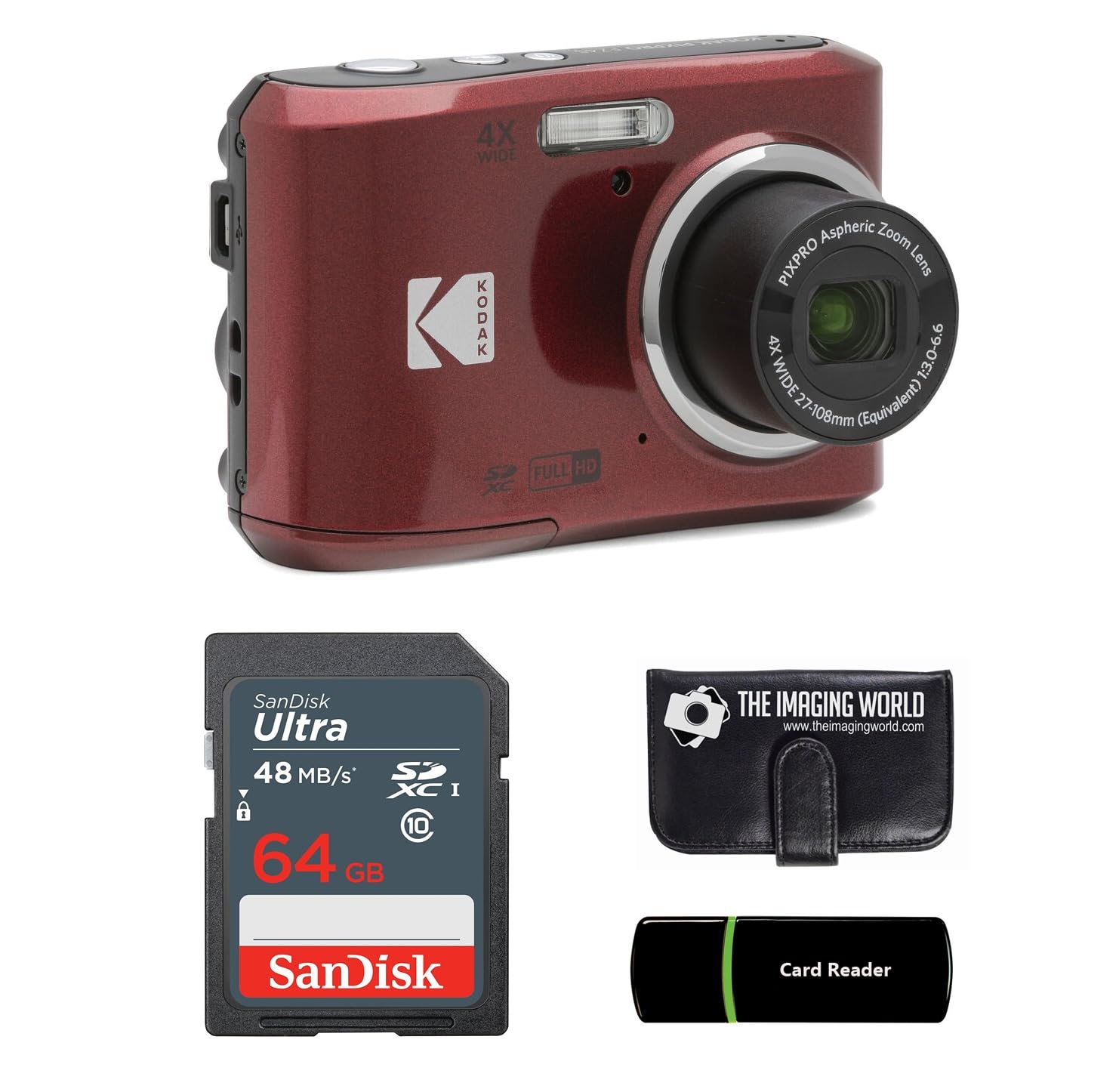 Kodak PIXPRO FZ45 16MP Digital Camera 4X Optical Zoom 27mm Wide Angle 1080P Full HD Video 2.7" LCD Camera Red + 64GB Card and Reader + Memory Wallet Bundle