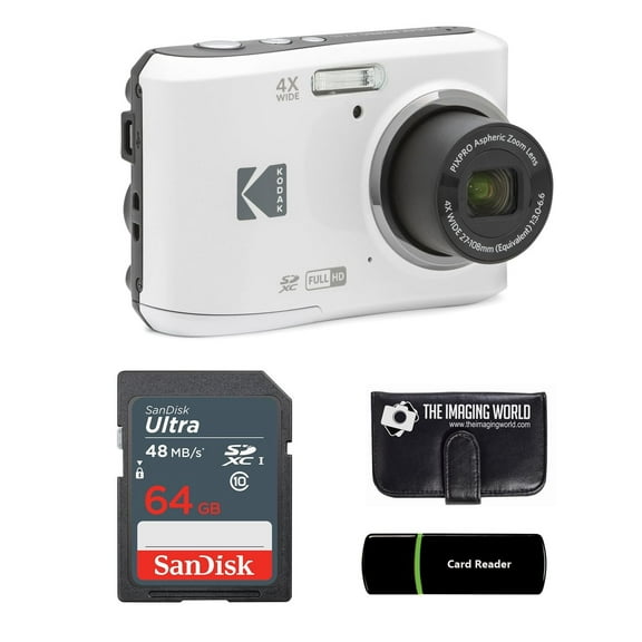 Kodak PIXPRO FZ45 16MP Digital Camera 4X Optical Zoom 27mm Wide Angle 1080P Full HD Video 2.7" LCD Camera White + 64GB Card and Reader + Memory Wallet Bundle