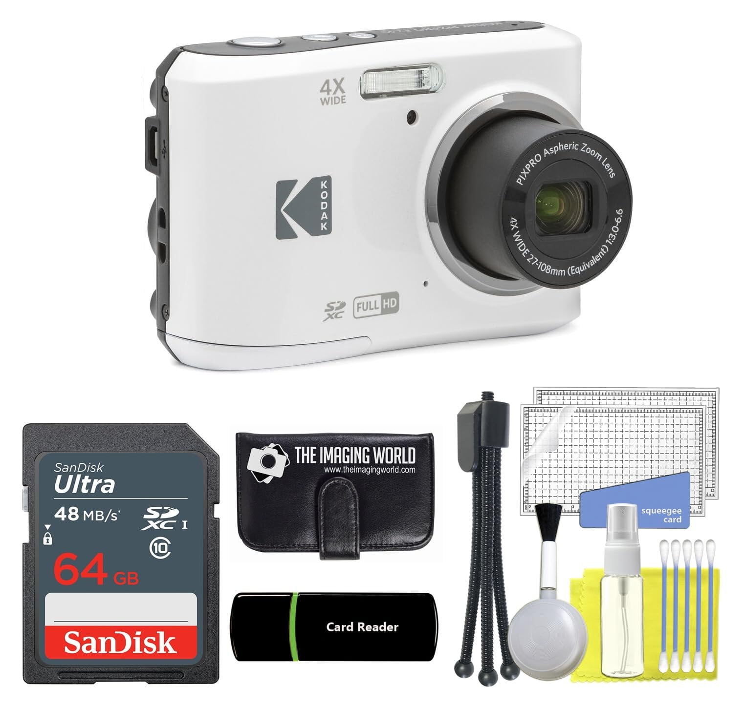 Kodak PIXPRO FZ45 16MP Digital Camera 4X Optical Zoom 27mm Wide Angle 1080P Full HD Video 2.7" LCD Camera White + 64GB Card and Reader + Memory Wallet + Tripod + Cleaning Bundle