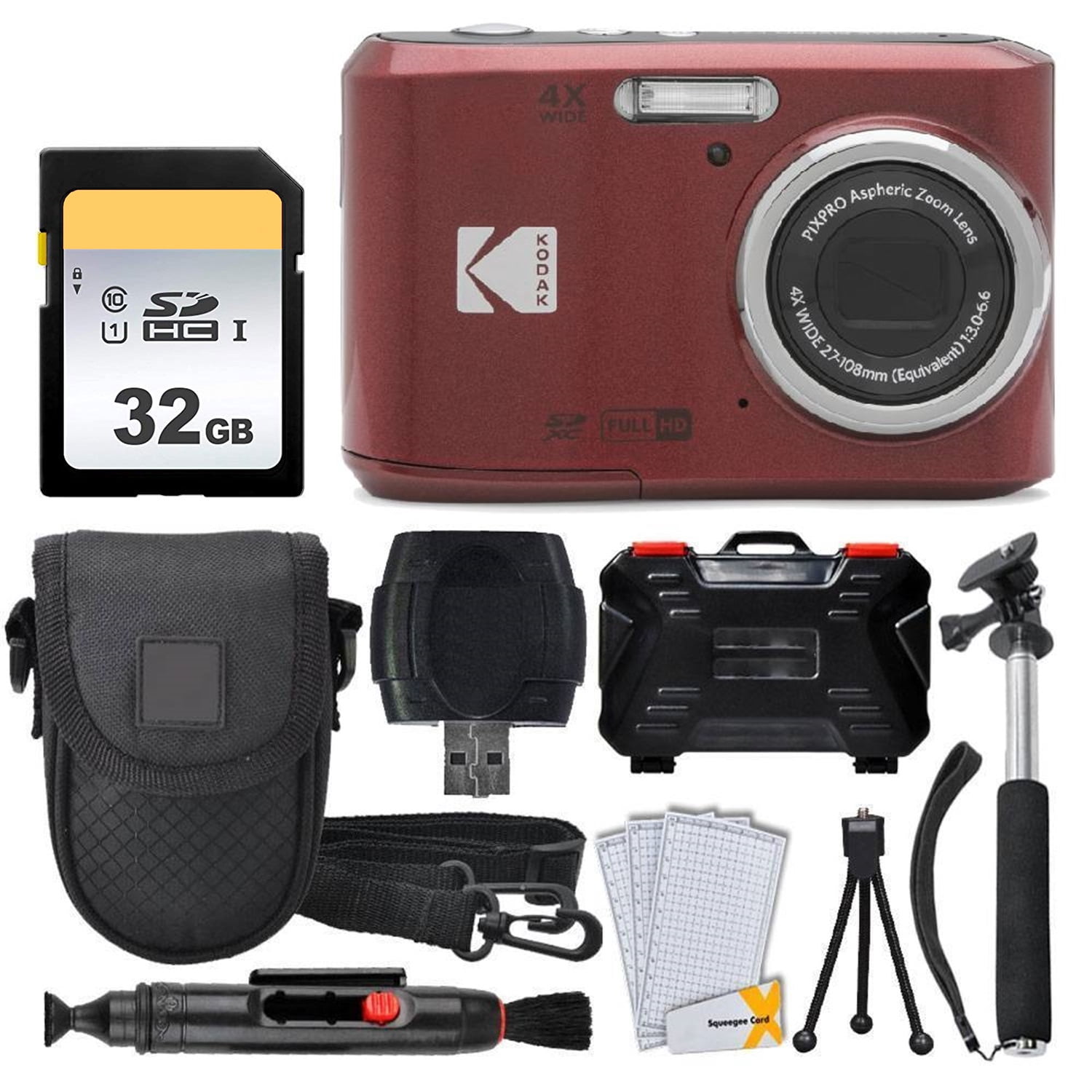 Kodak PIXPRO FZ45 Camera (Red) with 32GB Card, Case, Monopod
