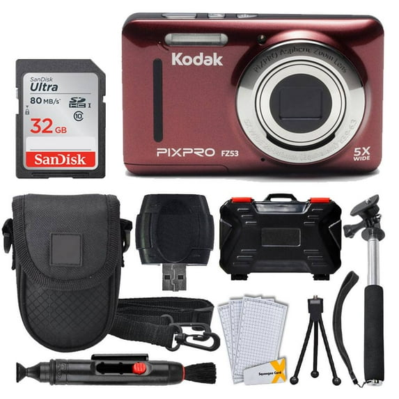 Kodak PIXPRO FZ53 Digital Camera (Red) + 32GB Card + Case + Monopod - Full Kit!