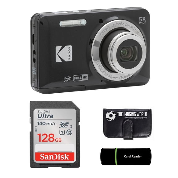 Kodak PIXPRO FZ55 Black 16MP Digital Camera 5X Optical Zoom 28mm Wide Angle 1080P Full HD Video 2.7" LCD Camera + 128GB Card and Reader + Memory Wallet