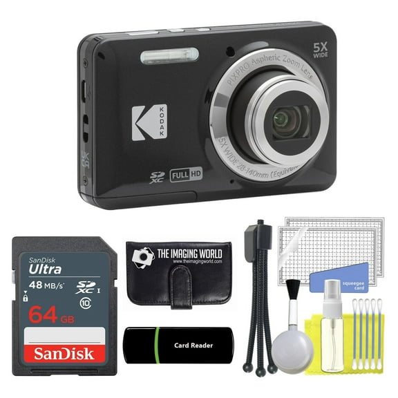 Kodak PIXPRO FZ55 Black 16MP Digital Camera 5X Optical Zoom 28mm Wide Angle 1080P Full HD Video 2.7" LCD Camera + 64GB Card and Reader + Memory Wallet + Tripod + Cleaning Bundle