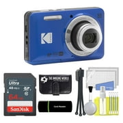 Kodak PIXPRO FZ55 Blue 16MP Digital Camera 5X Optical Zoom 28mm Wide Angle 1080P Full HD Video 2.7 LCD Camera + 64GB Card and Reader + Memory Wallet + Tripod + Cleaning Bundle