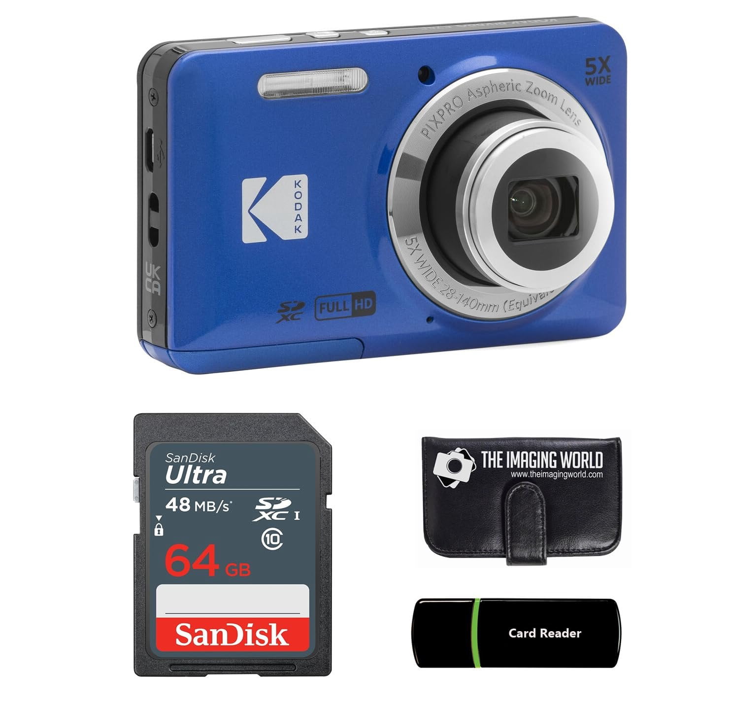Kodak PIXPRO FZ55 Blue 16MP Digital Camera 5X Optical Zoom 28mm Wide Angle 1080P Full HD Video 2.7" LCD Camera + 64GB Card and Reader + Memory Wallet