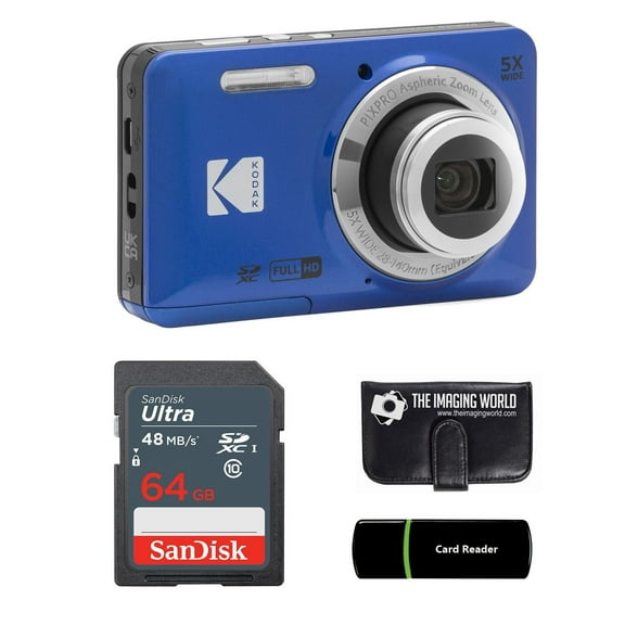 Kodak PIXPRO FZ55 Blue 16MP Digital Camera 5X Optical Zoom 28mm Wide Angle 1080P Full HD Video 2.7" LCD Camera + 64GB Card and Reader + Memory Wallet