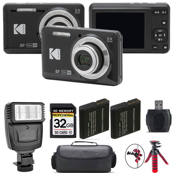 Kodak PIXPRO FZ55 Digital Camera (Black) + Extra Battery + Flash - 32GB Kit