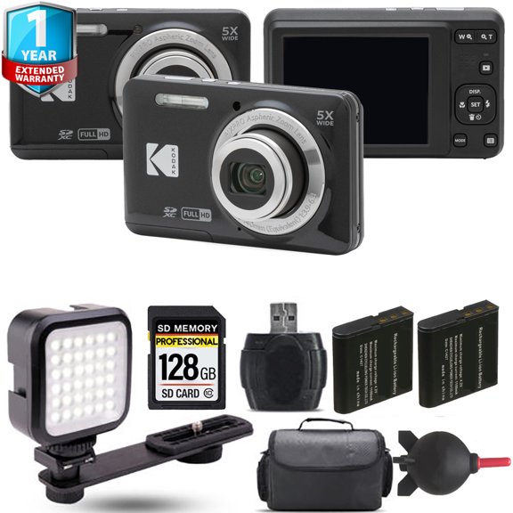 Kodak PIXPRO FZ55 Digital Camera (Black) + Extra Battery + LED - 128GB Kit