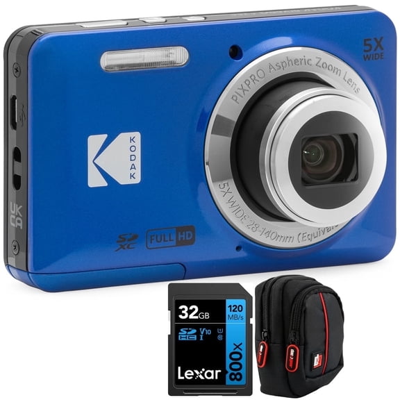 Kodak PIXPRO FZ55 Digital Camera, Blue Bundle with Lexar 32GB High-Performance 800x
