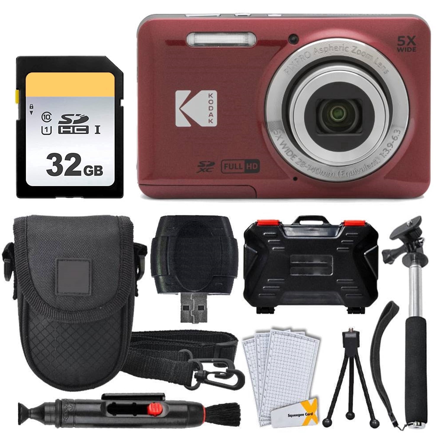 Kodak PIXPRO FZ55 Digital Camera 16MP Red + Accessories Bundle