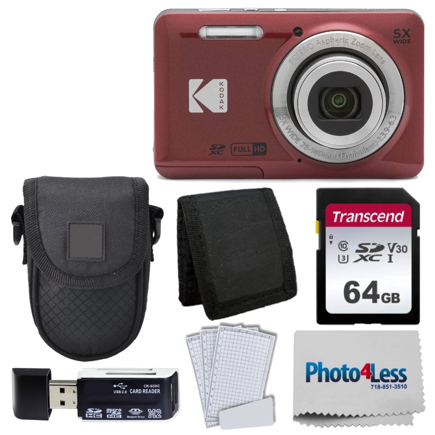 Kodak PIXPRO FZ55 Easy Bundle Camera, Red, with 64GB SD Card, Case