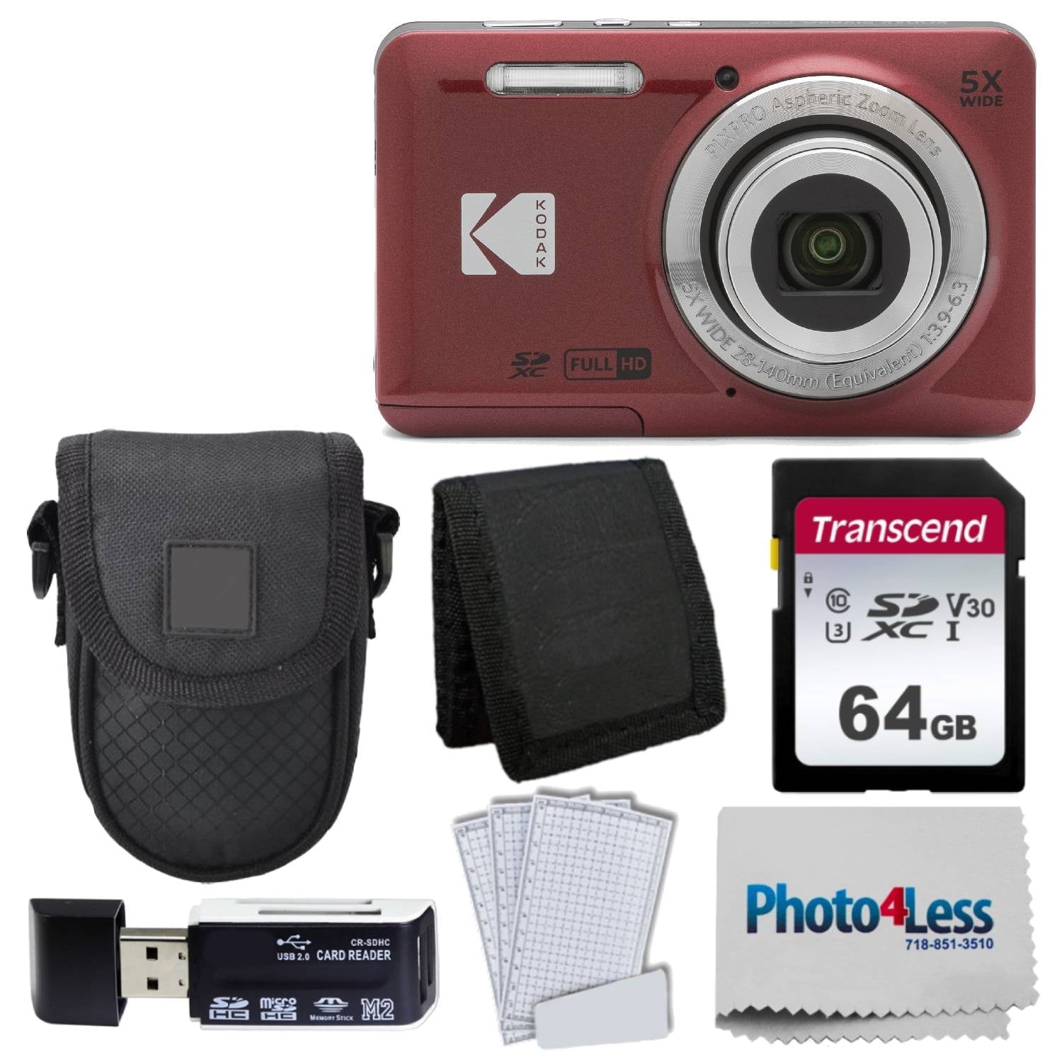 Kodak PIXPRO FZ55 Easy Bundle Camera, Red, with 64GB SD Card