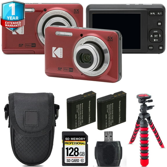 Kodak PIXPRO FZ55 Digital Camera (Red) + Extra Battery +1 Yr Warranty + Case -128GB