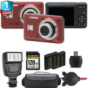 Kodak PIXPRO FZ55 Digital Camera Red + Extra Battery + Flash - 128GB Kit