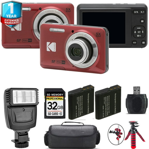 Kodak PIXPRO FZ55 Digital Camera (Red) + Extra Battery + 1 Yr Warranty + 32GB