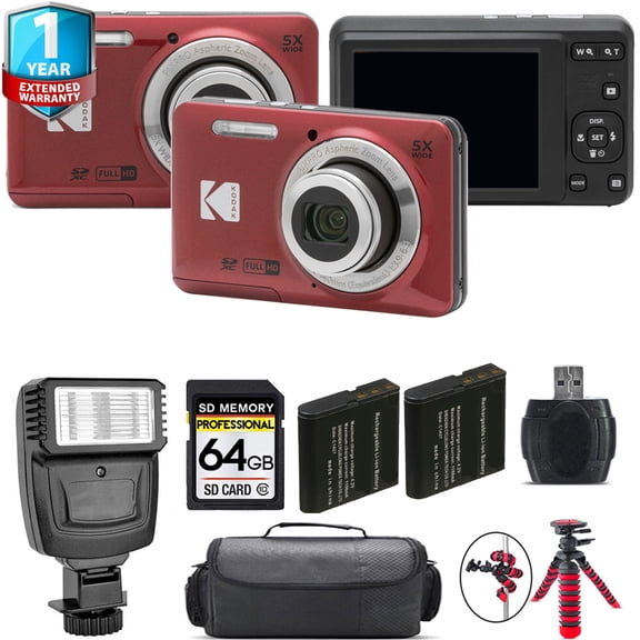 Kodak PIXPRO FZ55 Digital Camera (Red) + 1 Yr Warranty + Flash - 64GB Kit