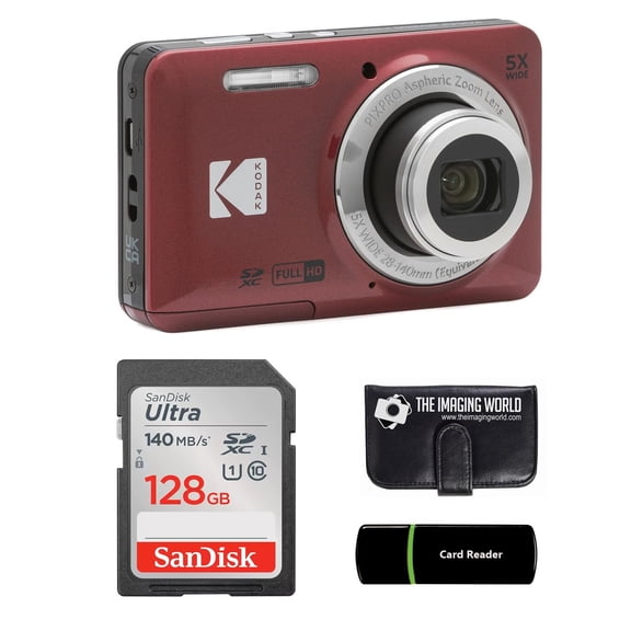 Kodak PIXPRO FZ55 Red 16MP Digital Camera 5X Optical Zoom 28mm Wide Angle 1080P Full HD Video 2.7" LCD Camera + 128GB Card and Reader + Memory Wallet