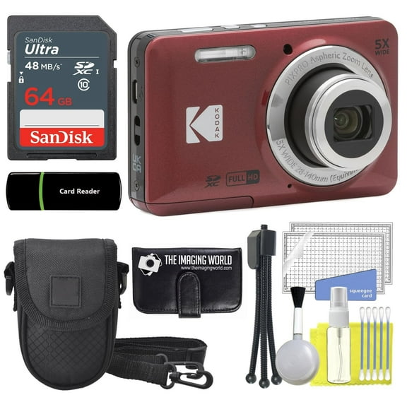 Kodak PIXPRO FZ55 Red 16MP Digital Camera 5X Optical Zoom 28mm Wide Angle 1080P Full HD Video 2.7" LCD Camera + 64GB Card and Reader + Case + Memory Wallet + Tripod + Cleaning Bundle