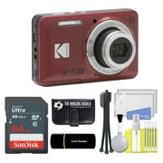 Kodak PIXPRO FZ55 Red 16MP Digital Camera 5X Optical Zoom 28mm Wide Angle 1080P Full HD Video 2.7 LCD Camera + 64GB Card and Reader + Memory Wallet + Tripod + Cleaning Bundle