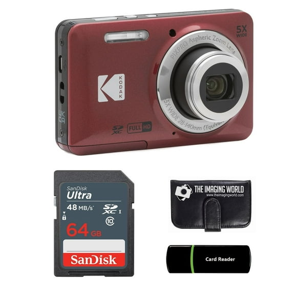 Kodak PIXPRO FZ55 Red 16MP Digital Camera 5X Optical Zoom 28mm Wide Angle 1080P Full HD Video 2.7" LCD Camera + 64GB Card and Reader + Memory Wallet