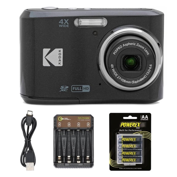 Kodak PIXPRO Friendly Zoom FZ45-BK 16MP Digital Camera with 4X Optical Zoom 27mm Wide Angle and 2.7" LCD Screen (BLack) + 4-Pack Rechargeable AA Batteries, + Green Extreme Charger for AA/AAA