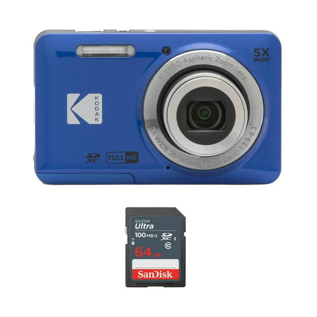 Kodak PIXPRO Easy Point and Shoot FZ55 Digital Camera (Blue) with 64GB