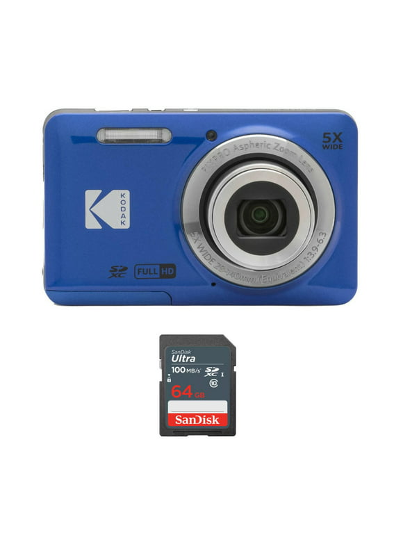 Kodak PIXPRO Friendly Zoom FZ55 Digital Camera (Blue) with 64GB SDXC Memory Card