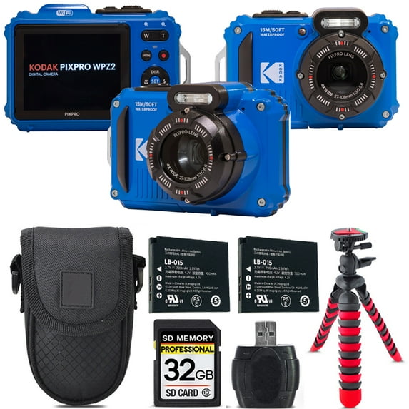 Kodak PIXPRO WPZ2 Digital Camera (Blue) + Extra Battery +Tripod + Case -32GB Kit