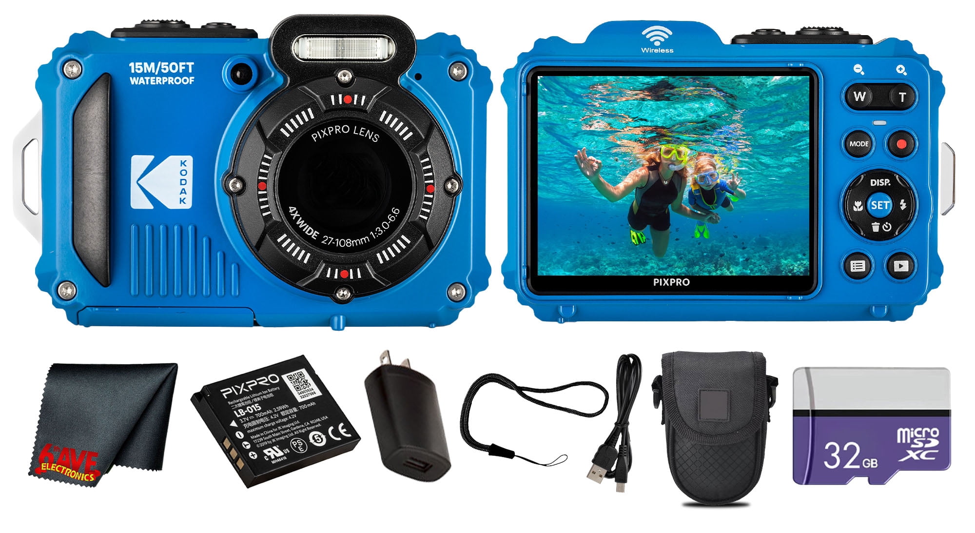 Kodak PIXPRO WPZ2 Point Shoot Digital Camera Bundle - Blue, 32GB