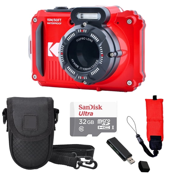 Kodak PIXPRO WPZ2 Digital Camera (Red) + Case +  Foam Floating Strap - 32GB Basic Kit