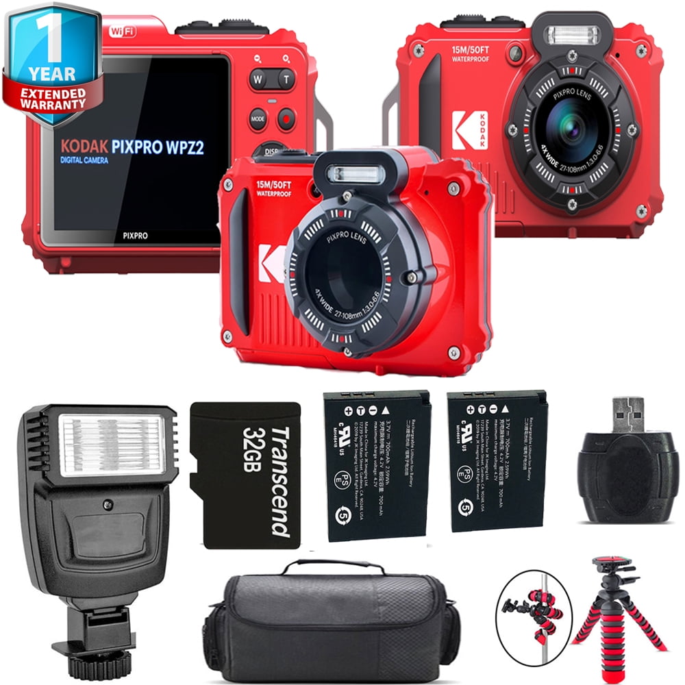 Kodak PIXPRO WPZ2 Digital Camera (Red) + Extra Battery + 1 Yr Warranty + 32GB (International Version)