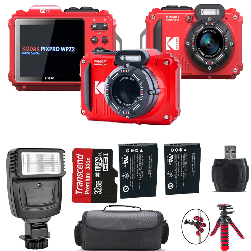Kodak PIXPRO WPZ2 Digital Camera (Red) + Extra Battery + Flash - 32GB Kit
