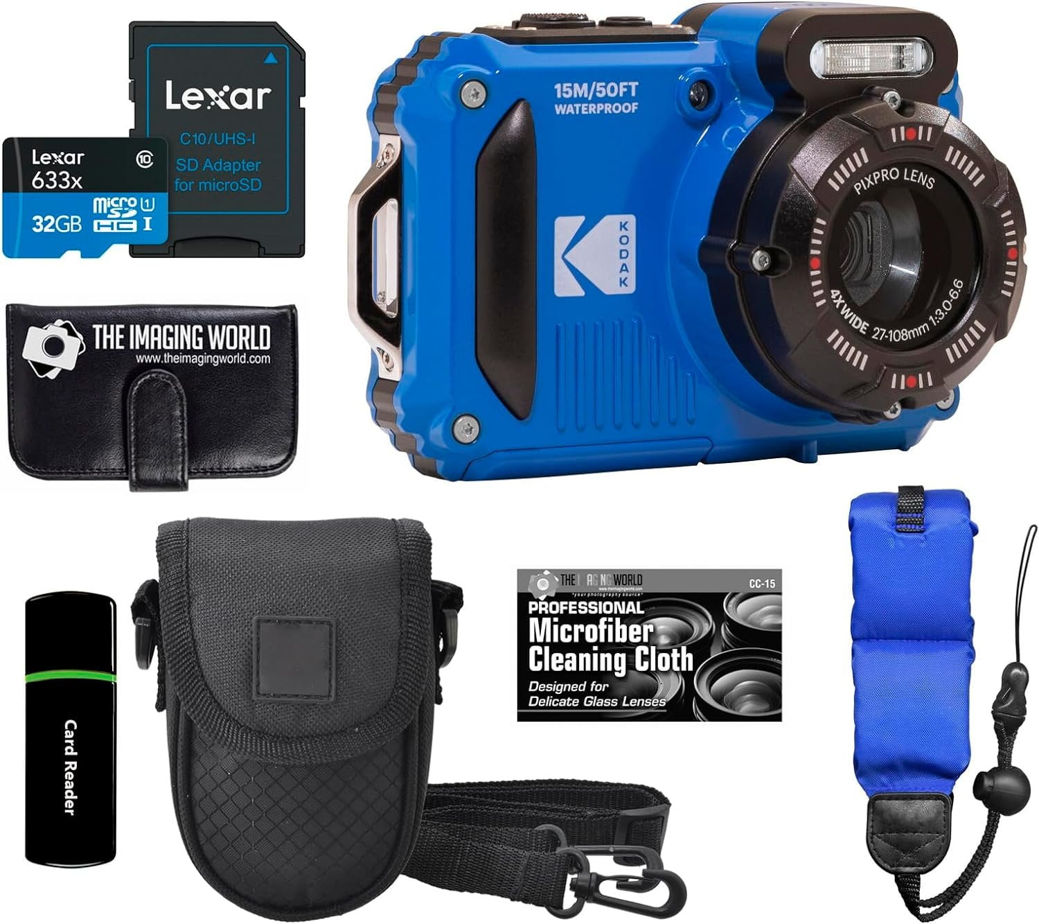Kodak PIXPRO WPZ2 Rugged Waterproof Shockproof Dustproof WiFi Digital Camera 16MP 4X Optical Zoom 1080P Full HD Video Vlogging Camera 2.7" LCD Blue + 32GB Card + Case + Floating Strap + Bundle