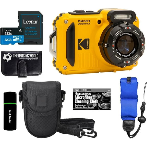 Kodak PIXPRO WPZ2 Rugged Waterproof Shockproof Dustproof WiFi Digital Camera 16MP 4X Optical Zoom 1080P Full HD Video Vlogging Camera 2.7" LCD Yellow + 32GB Card + Case + Floating Strap + Bundle