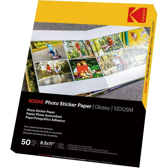 Kodak Photo Sticker Paper Glossy Inkjet Photo Paper, 8.5”x11”, 50 Count