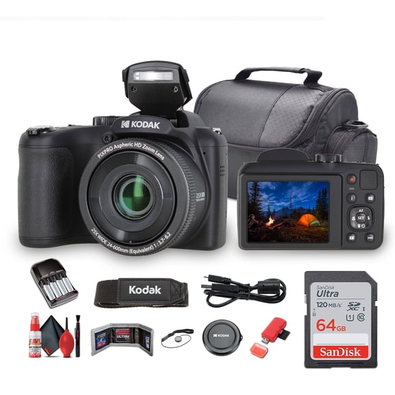 Kodak Pixpro AZ255 Digital Camera AZ255BK Bundle Including: 64 GB Memory Card Rechargeable Batteries Case Neck Strap Lens Caps Full Cleaning Kit Card Reader Card Wallet USB Cable Cap Keeper