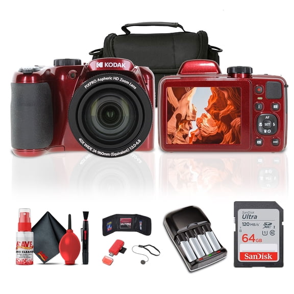 Kodak Pixpro AZ405 Digital Camera (AZ405RD) with 64 GB Memory Card, Rechargeable Batteries, Case, Neck Strap and More