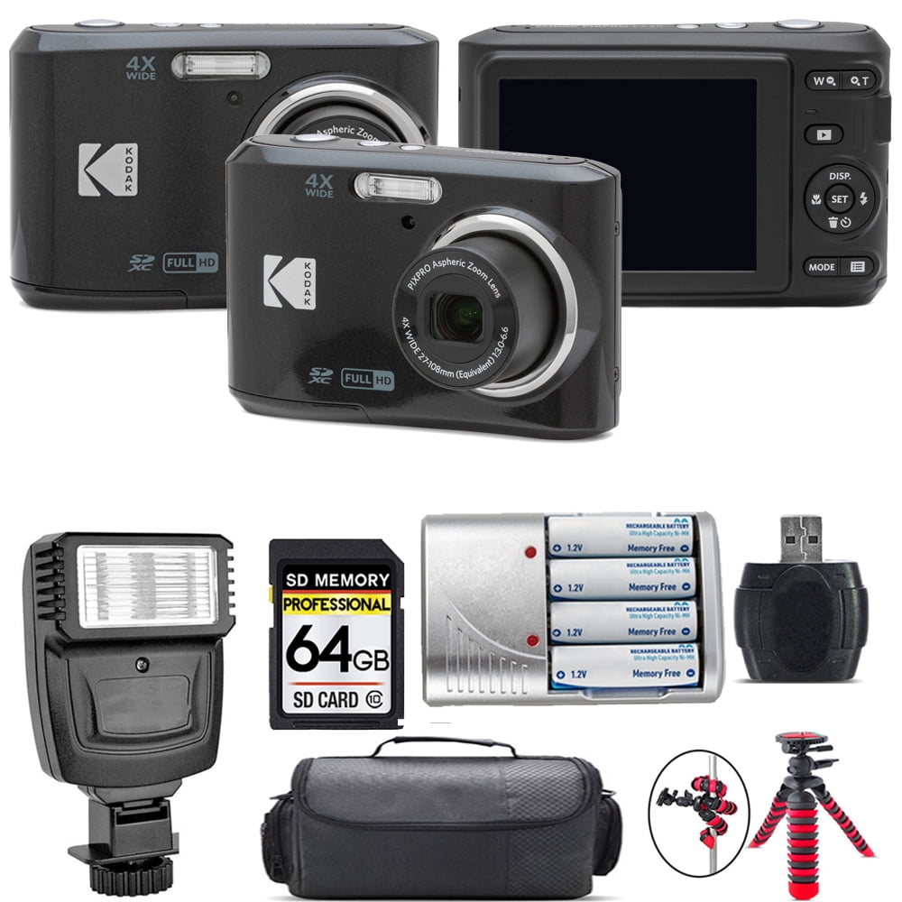 Kodak Pixpro FZ45 Camera (Black) + Extra Battery + Flash - 64GB Kit