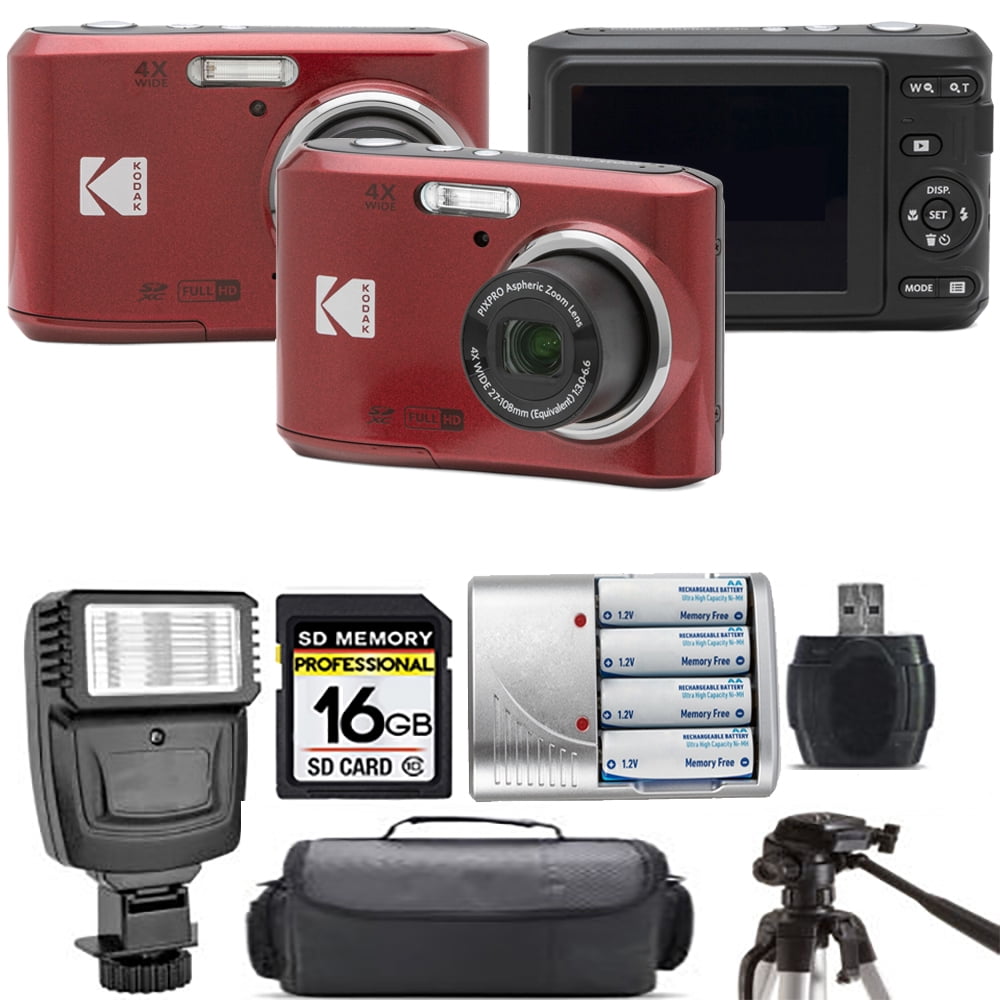 Kodak Pixpro FZ45 Camera (Red) + Extra Battery + Flash - 16GB Kit