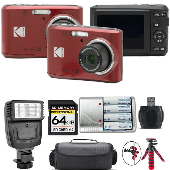 Kodak Pixpro FZ45 Camera (Red) + Extra Battery + Flash - 64GB Kit (International Version)