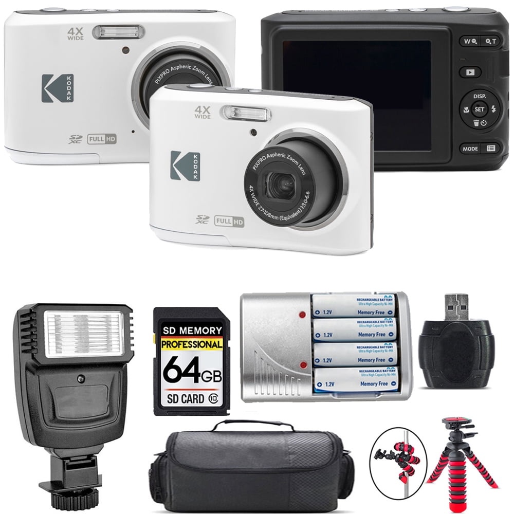 Kodak Pixpro FZ45 Camera (White) + Extra Battery + Flash - 64GB Kit