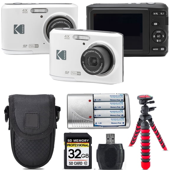 Kodak Pixpro FZ45 Camera (White) + Extra Battery +Tripod + Case -32GB Kit