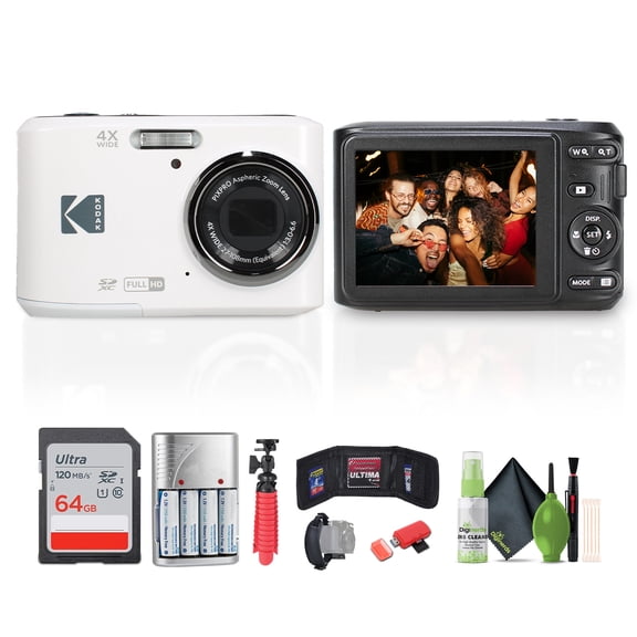 Kodak Pixpro FZ45 Digital Camera (White) Bundle Including: 64 GB Memory Card, Rechargeable Batteries, Flexible Tripod, Card Reader, Hand Strap, Cleaning Kit, More