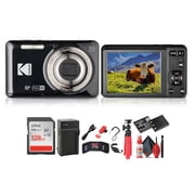 Kodak Pixpro FZ55 Digital Camera Black Bundle Including 128 GB Memory Card, Rechargeable Battery, Battery Charger, Flexible Tripod, Card Reader, Card Wallet, Hand Strap, Full Cleaning Kit