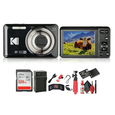 Kodak Pixpro FZ55 Digital Camera (Black) Bundle Including: 128 GB Memory Card, Rechargeable Battery, Battery Charger, Flexible Tripod, Card Reader, Card Wallet, Hand Strap, Full Cleaning Kit